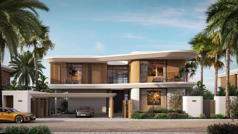Front exterior of a two-story villa at Yas Riva with a curved white roof, timber slat screening, glass balconies, a covered carport, cars in the driveway, and palm trees along the street.